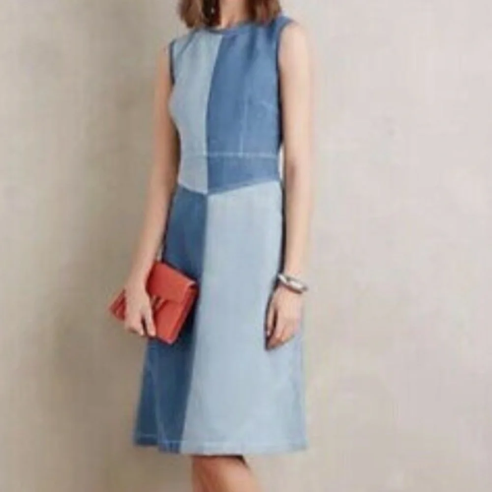 HOLDING HORSES- ANTHROPOLOGIE Two-Tone Denim Dress w/ Pockets Size 8